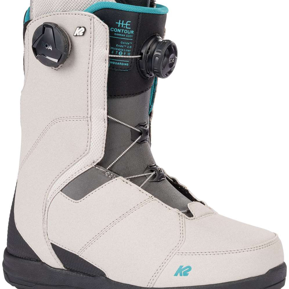 White K2 Contour snowboard boot features blue accents and a BOA lacing system.