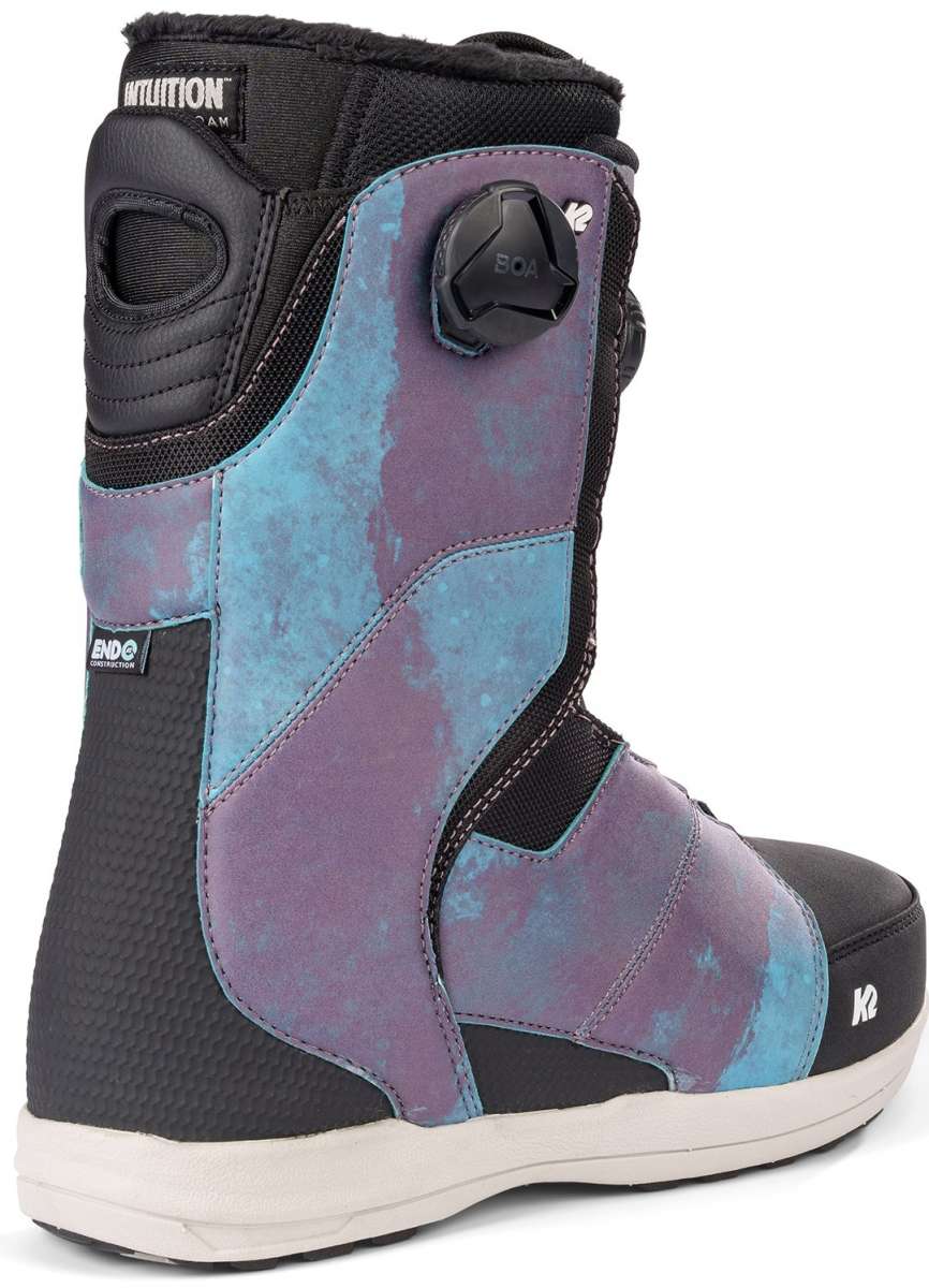 Purple and black K2 Contour snowboard boot with BOA lacing system.
