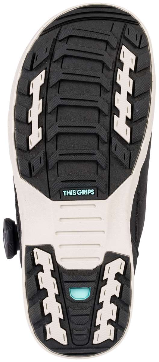 Black K2 Contour snowboard boot sole with blue accents and textured tread pattern.