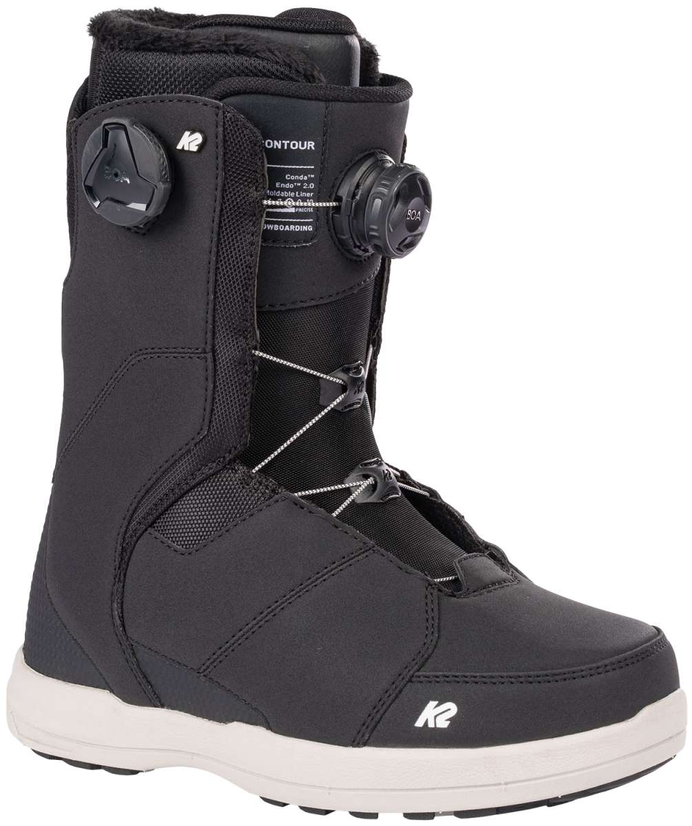 White K2 Contour snowboard boot features a black logo and BOA lacing system.