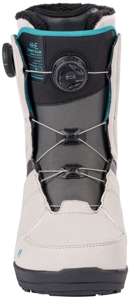 K2 Women's Contour snowboard boot, white with teal accents and a black BOA dial.