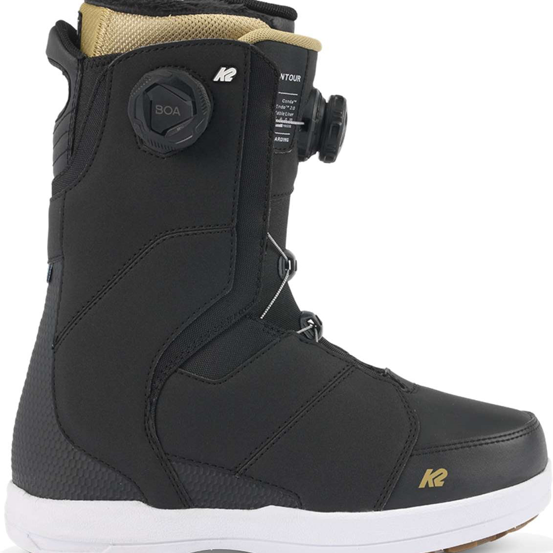 Black K2 Contour snowboard boot features a white logo and BOA lacing system.