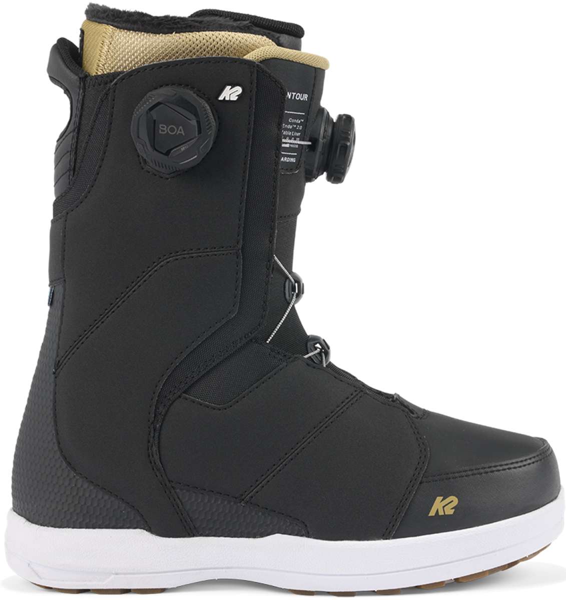 Black K2 Contour snowboard boot features a white logo and BOA lacing system.