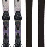 K2 Disruption 76C skis feature a purple and white design with Marker ER3 bindings.