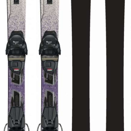 K2 Disruption 76C skis feature a purple and white design with Marker ER3 bindings.