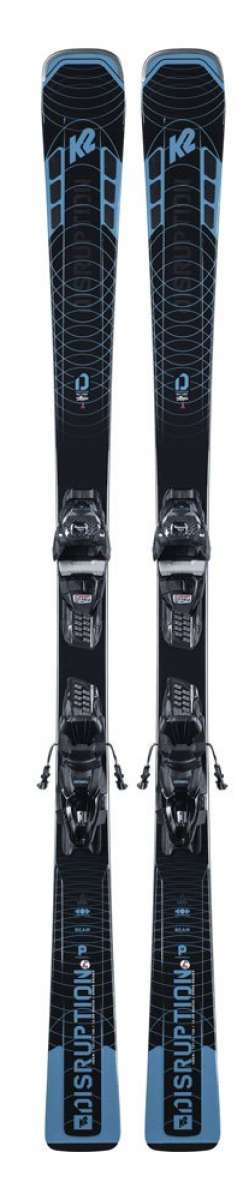 K2 Ladies Disruption SC System skis with blue and black bindings, displayed against a white background.
