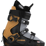 The K2 Women's Diverge 90 Ski Boots for 2023 are displayed. They have a black and tan color scheme, with the brand name prominently visible on the side of the boot. The boots feature a BOA closure system and are designed to provide support and comfort during skiing activities.