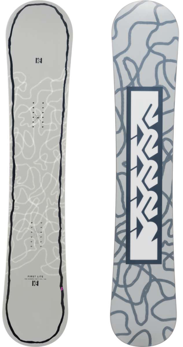 K2 Women's First Lite snowboard, 2024 model, features a white base with distinctive gray graphics.