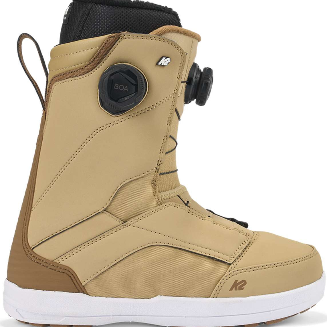 K2 Kinsley snowboard boot in tan with BOA lacing system and white sole.