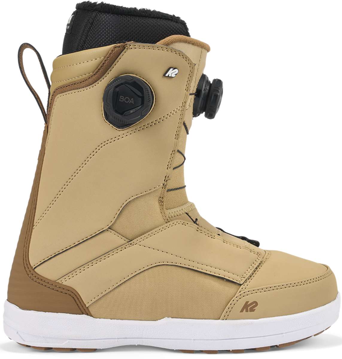 K2 Kinsley snowboard boot in tan with BOA lacing system and white sole.