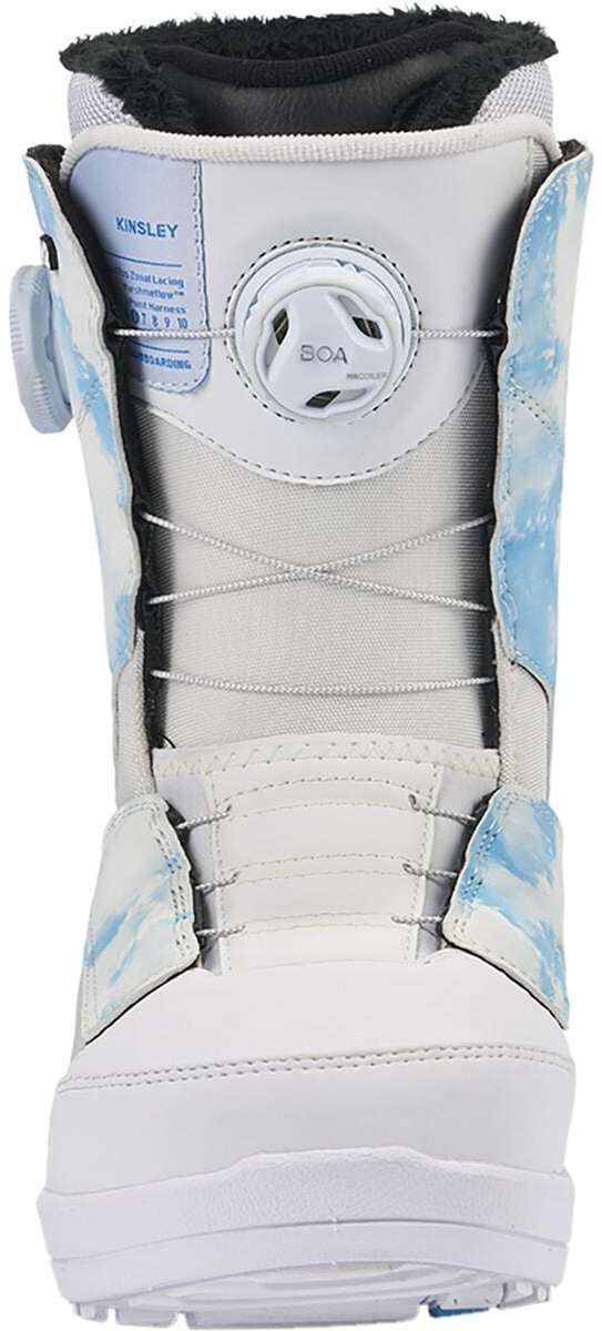 White K2 Kinsley snowboard boot features blue accents and a BOA lacing system.