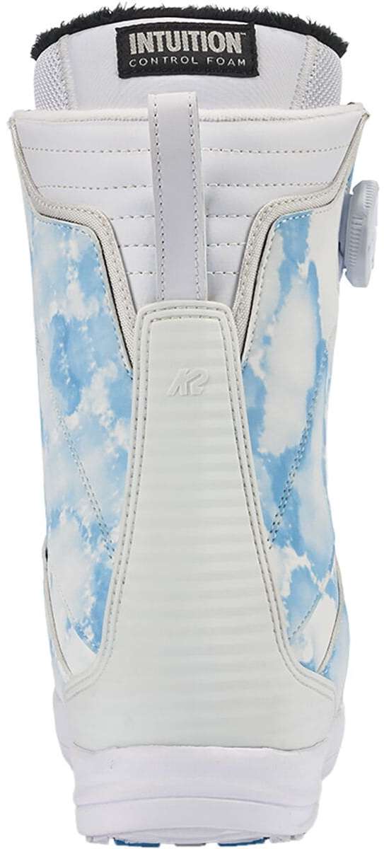K2 Women's Kinsley snowboard boot, a white design with blue accents and a visible Intuition foam liner.