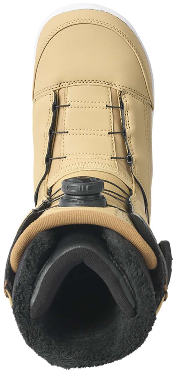K2 Women's Kinsley Snowboard Boot 2024 features a tan exterior with black accents and speed lace closures.