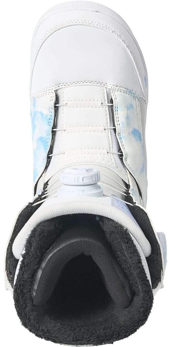 K2 Women's Kinsley Snowboard Boot 2024 features a black and white design with a teal accent.