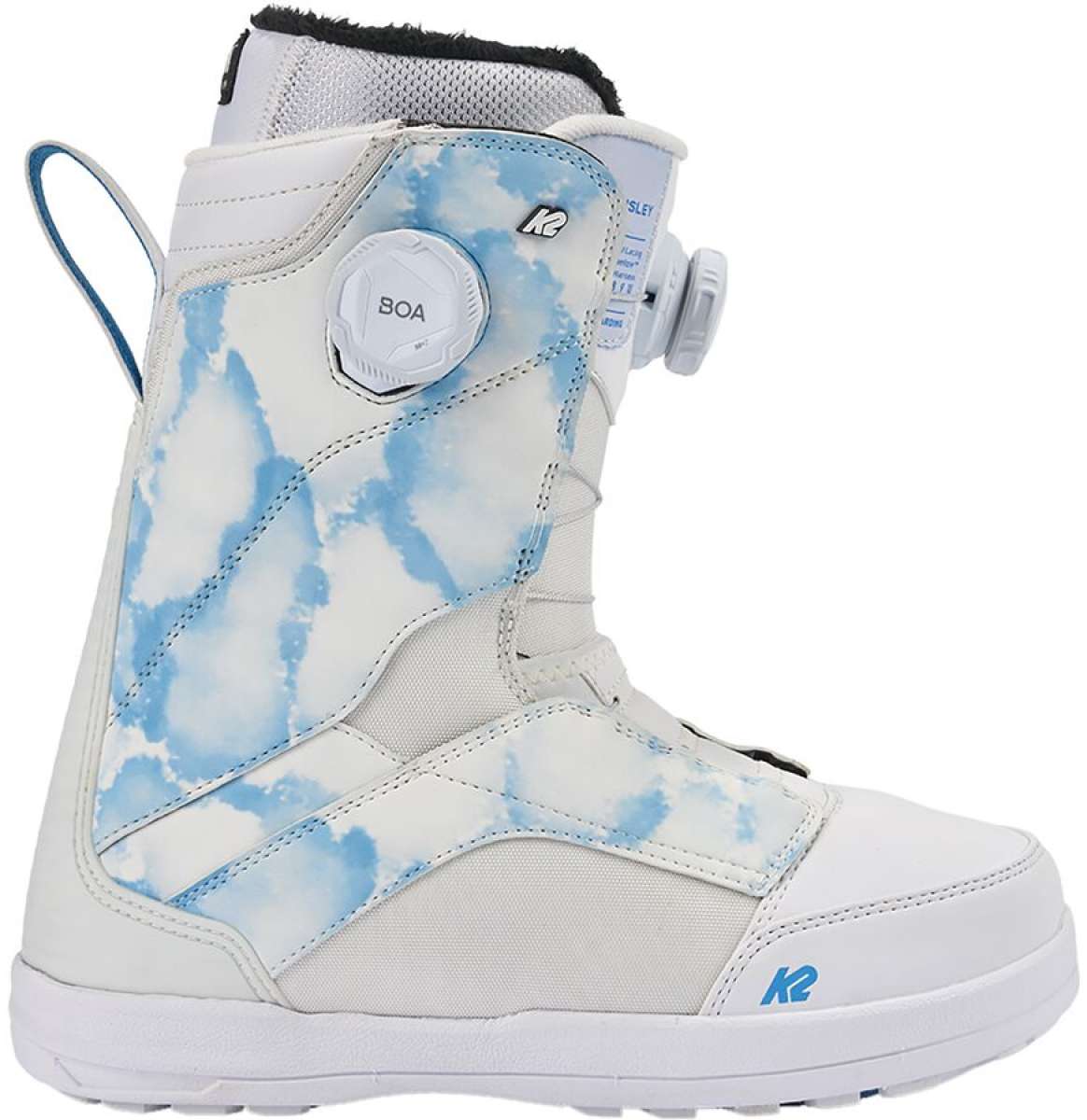 White K2 Kinsley snowboard boot features a blue and gray marbled design.