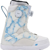 White K2 Kinsley snowboard boot features a blue and gray marbled design.