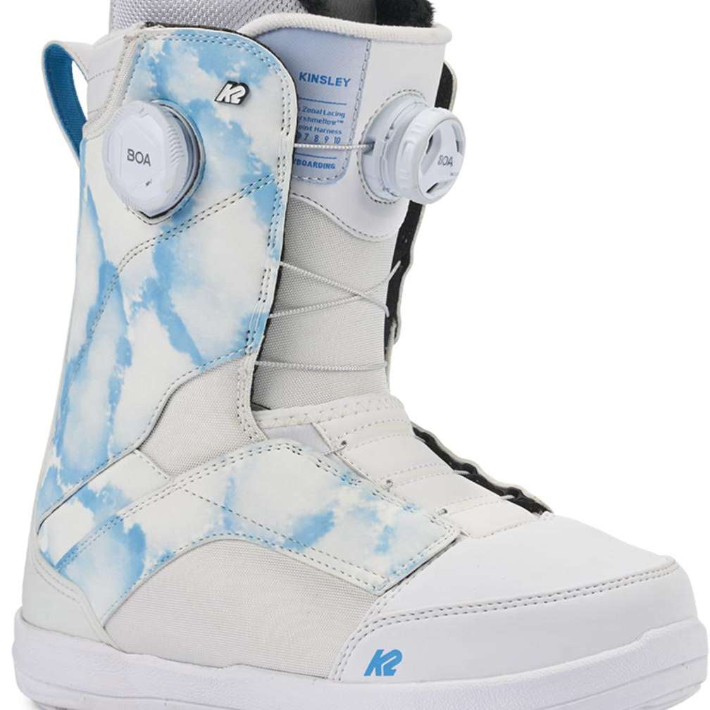 K2 Kinsley snowboard boots feature a white colorway with blue accents and BOA lacing system.
