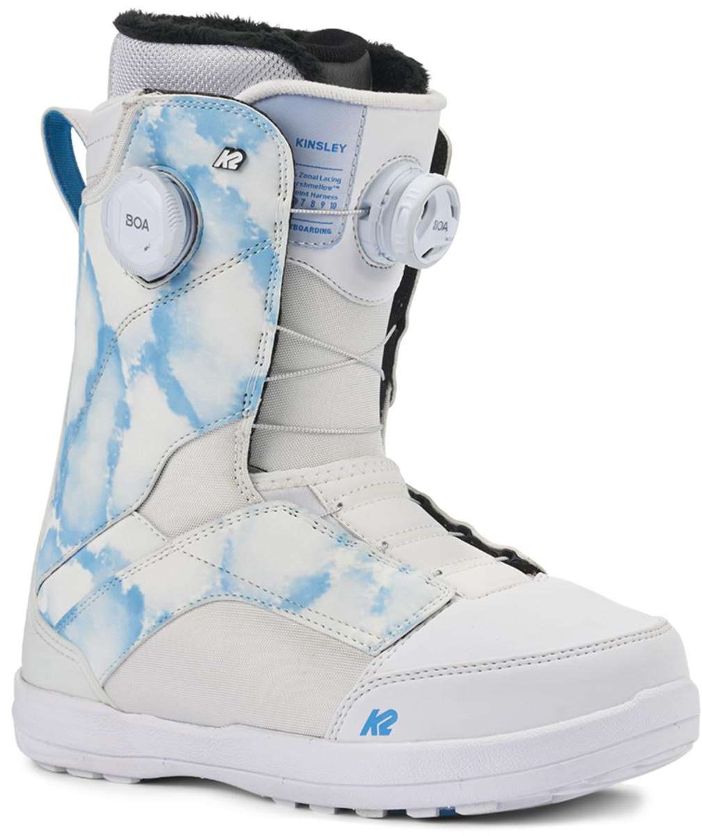 K2 Kinsley snowboard boots feature a white colorway with blue accents and BOA lacing system.