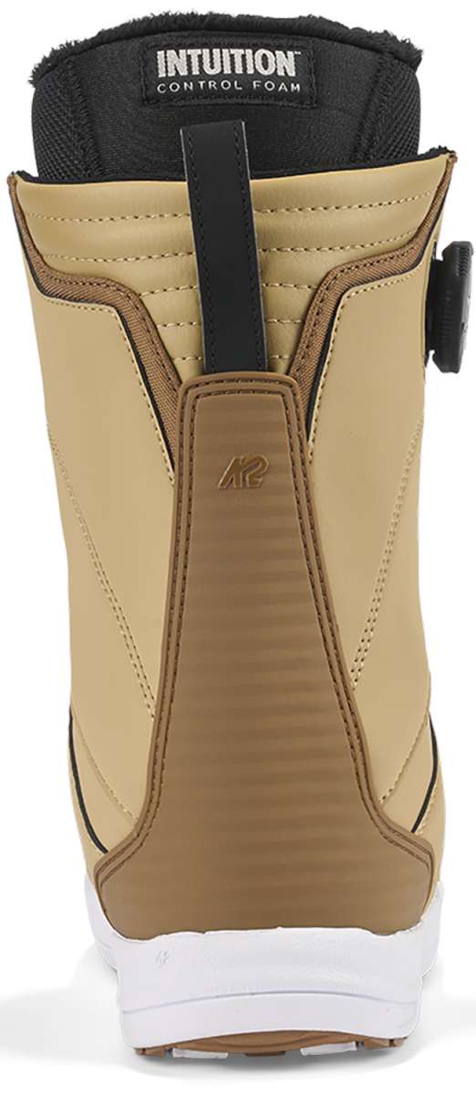K2 Women's Kinsley snowboard boot, a brown and white design with visible Intuition foam.