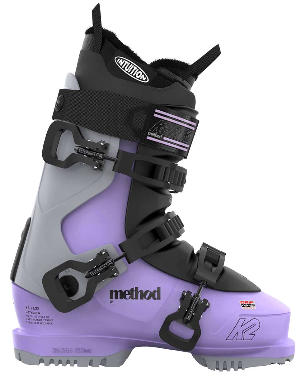 Purple K2 Method ski boot features a distinctive design and white branding.