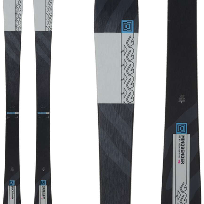 K2 Women's Mindbender 85 skis feature a distinctive blue and white graphic design.