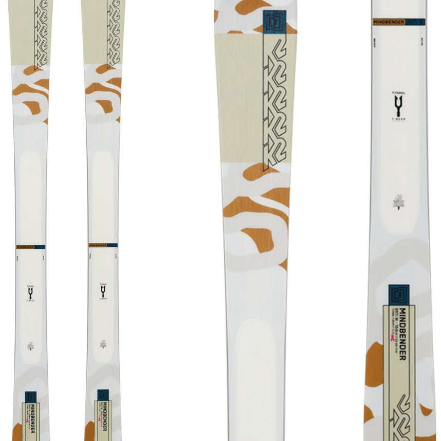K2 Women's Mindbender 89Ti skis feature a white design with red and black accents.