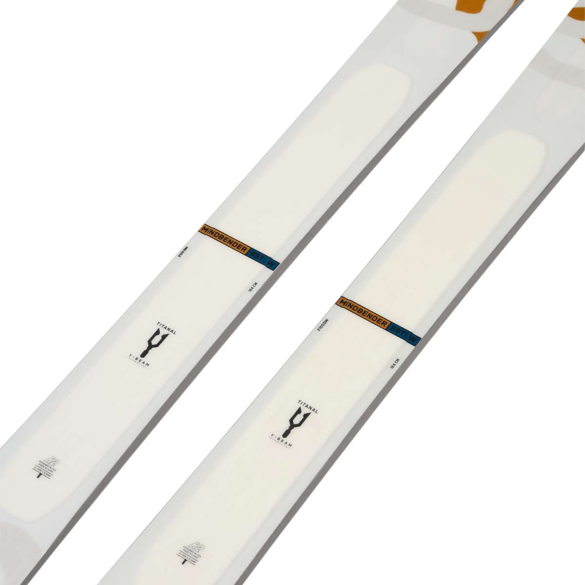 K2 Women's Mindbender 89Ti skis, 2024 model, feature a white design with red and gray accents.