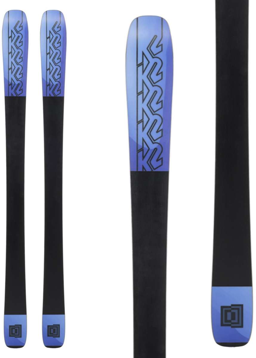 K2 Mindbender 89Ti skis feature a blue and white design with a distinctive graphic.