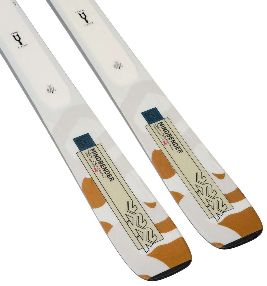 K2 Mindbender 89Ti skis feature a white and red design with distinctive graphics.