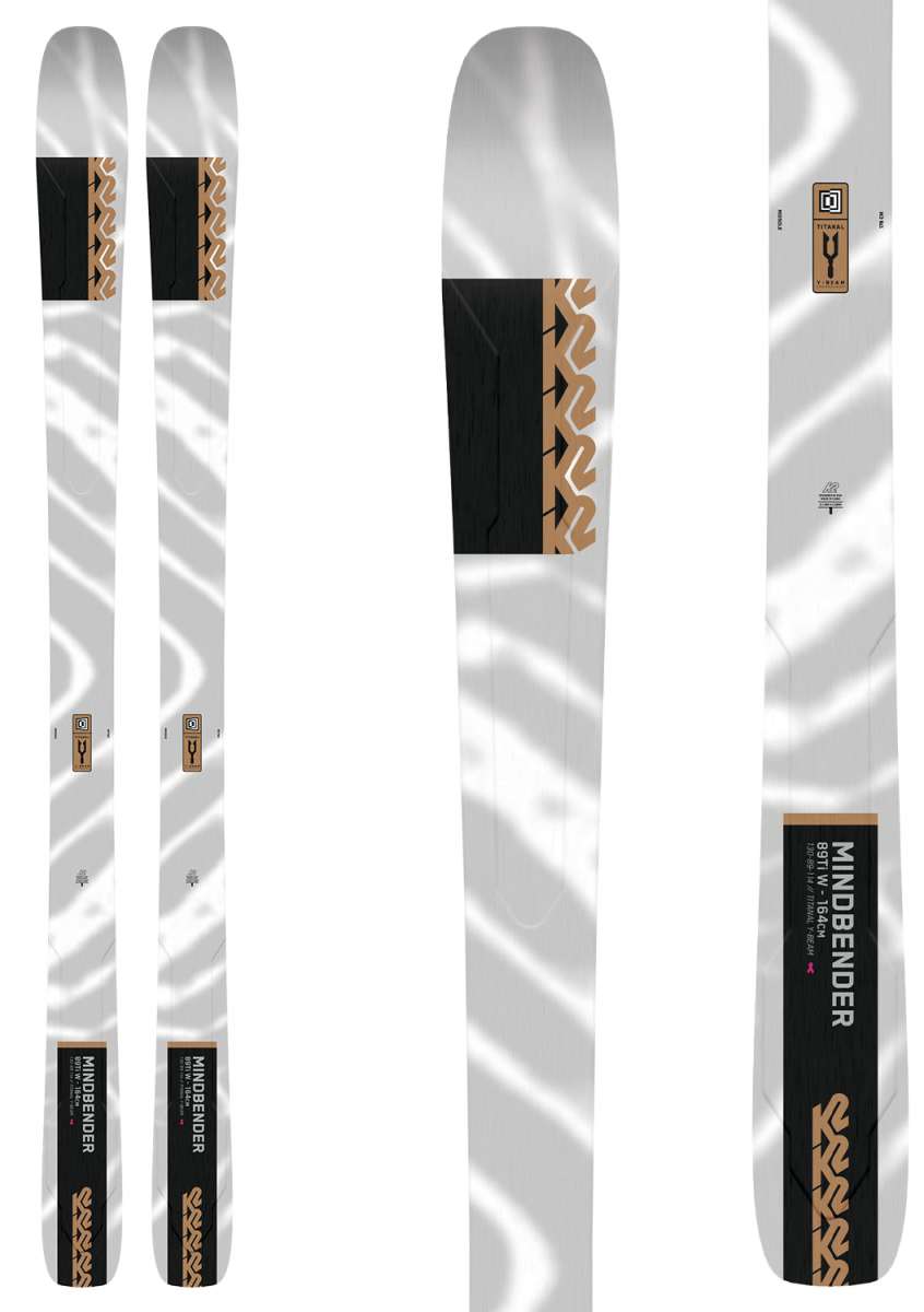 The product image displays a pair of K2 Women's Mindbender 89Ti Flat Skis for the year 2023. The skis are white with black and gold accents, featuring a unique design on the topsheet. They have a flat profile and are designed specifically for women.