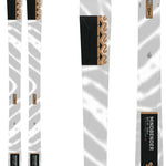 The product image displays a pair of K2 Women's Mindbender 89Ti Flat Skis for the year 2023. The skis are white with black and gold accents, featuring a unique design on the topsheet. They have a flat profile and are designed specifically for women.