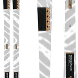 The product image displays a pair of K2 Women's Mindbender 89Ti Flat Skis for the year 2023. The skis are white with black and gold accents, featuring a unique design on the topsheet. They have a flat profile and are designed specifically for women.