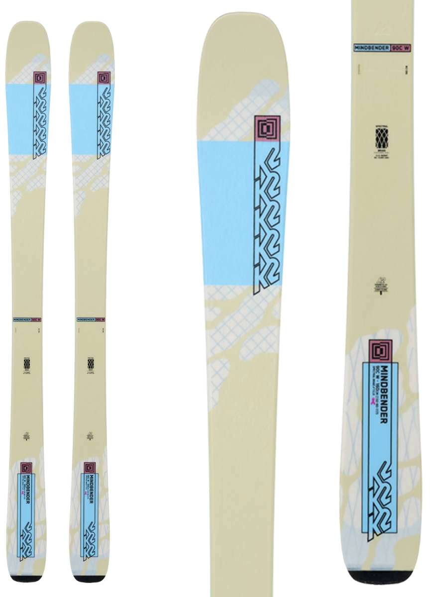K2 Women's Mindbender 90C skis feature a distinctive red and white graphic design.