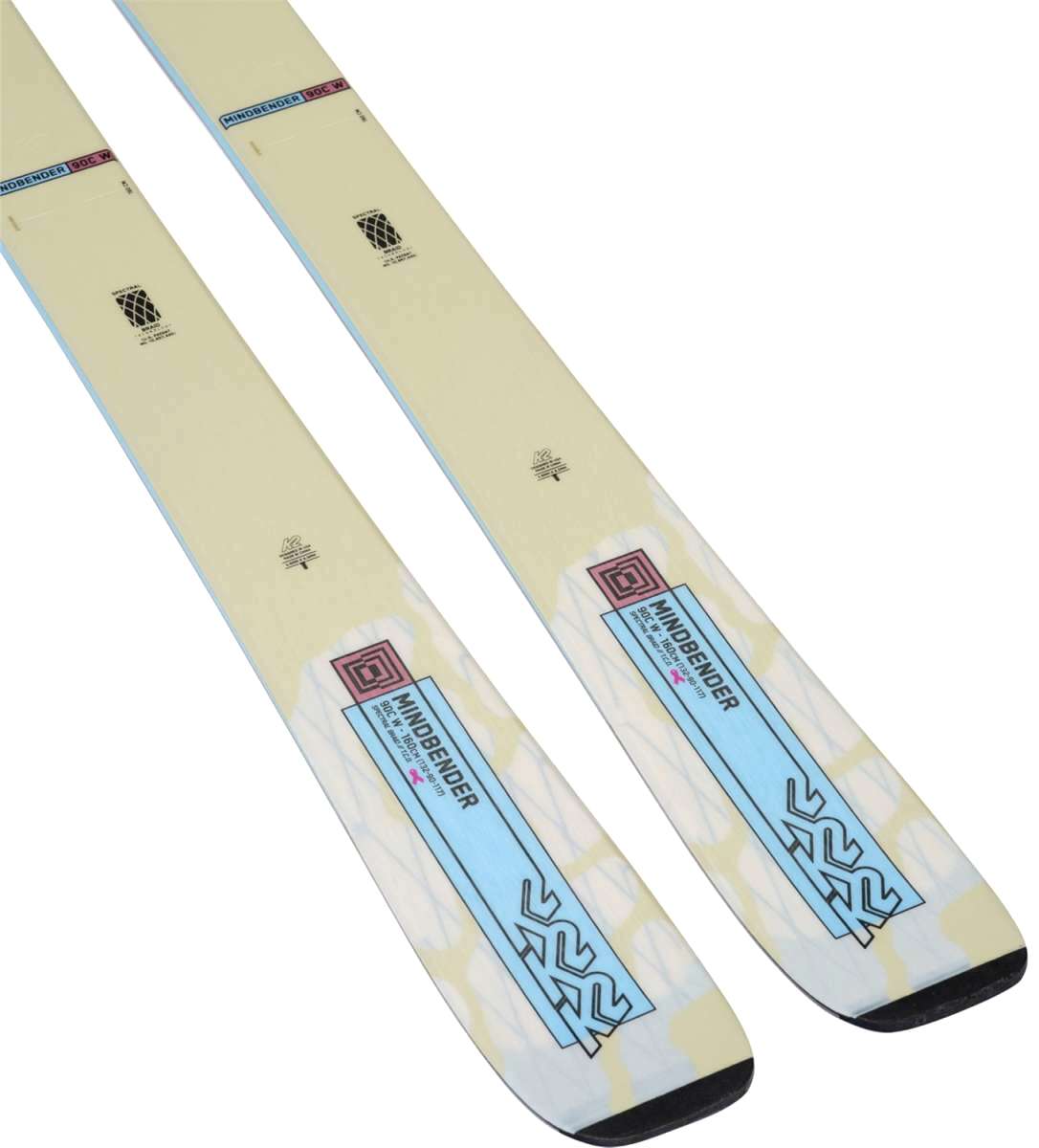 K2 Mindbender 90C skis feature a white design with red and black graphics.