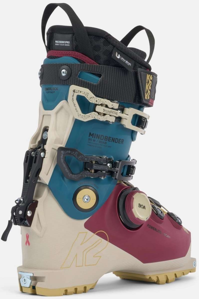 K2 Mindbender 95 BOA ski boots feature a blue and white color scheme with visible BOA dial.