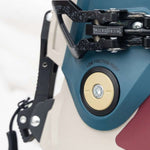 K2 Mindbender 95 BOA women's ski boots feature a blue and white design with visible BOA adjustment dials.