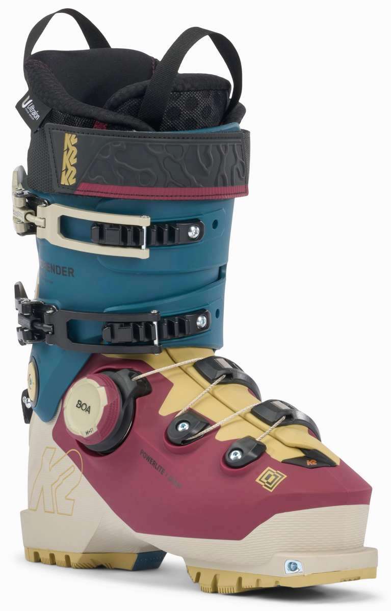 K2 Mindbender 95 BOA ski boots feature a blue and orange color scheme with a distinctive design.