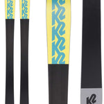 The image shows a pair of K2 Ladies Mindbender 98Ti Alliance Flat Skis for the 2021-2022 season. The skis are black with yellow and blue accents, featuring the K2 logo on the tips.