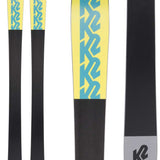 The image shows a pair of K2 Ladies Mindbender 98Ti Alliance Flat Skis for the 2021-2022 season. The skis are black with yellow and blue accents, featuring the K2 logo on the tips.