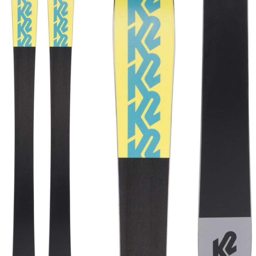 The image shows a pair of K2 Ladies Mindbender 98Ti Alliance Flat Skis for the 2021-2022 season. The skis are black with yellow and blue accents, featuring the K2 logo on the tips.