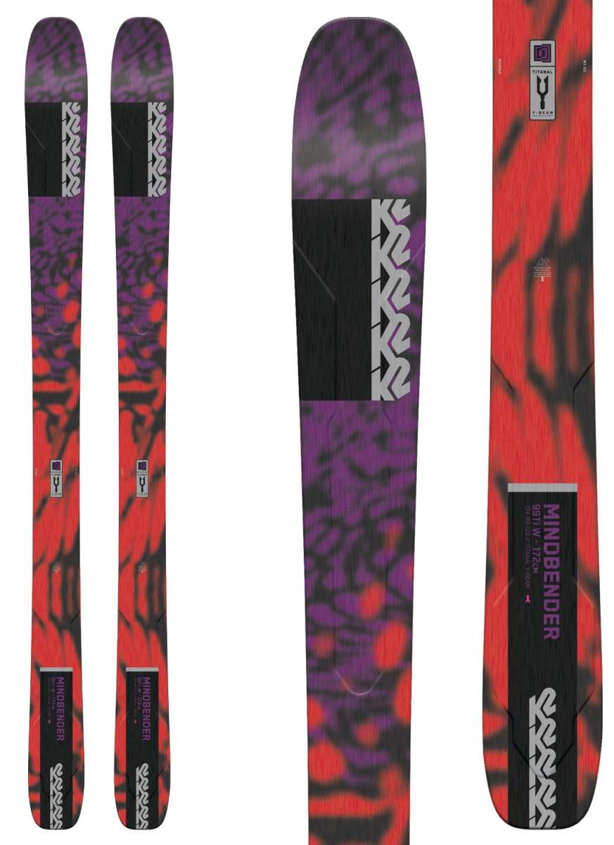K2 Mindbender 99 Ti skis feature a vibrant red and purple graphic design.