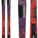 K2 Mindbender 99 Ti skis feature a vibrant red and purple graphic design.
