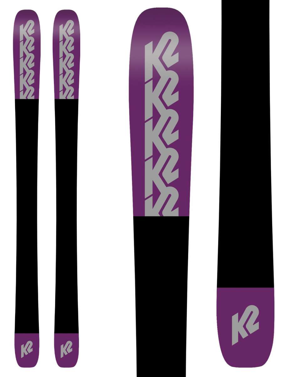 K2 Mindbender 99 Ti skis feature a vibrant purple and white design.