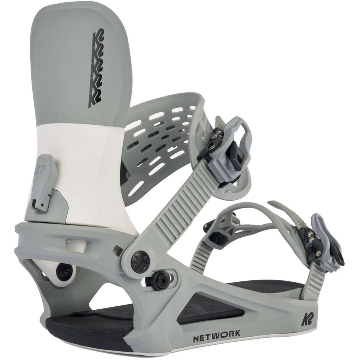 K2 Network snowboard bindings feature a gray colorway and distinctive design.