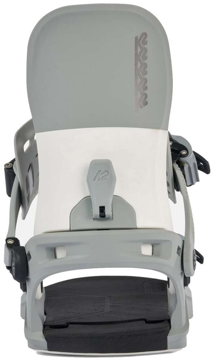K2 Women's Network snowboard bindings, gray and white design.