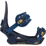 K2 Women's Network snowboard bindings feature a blue and black color scheme with a distinctive design.