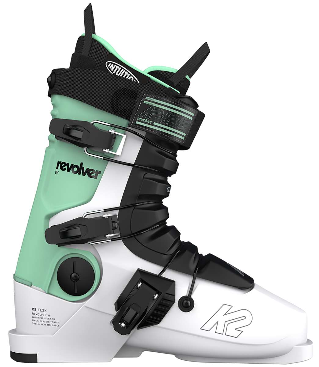 Green and black K2 Revolver women’s ski boots feature a distinctive design and visible branding.