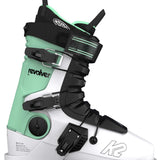 Green and black K2 Revolver women’s ski boots feature a distinctive design and visible branding.