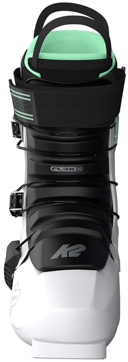 K2 Revolver women’s ski boots feature a black and white design with adjustable straps.