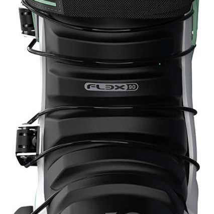 K2 Revolver women’s ski boots feature a black and white design with adjustable straps.